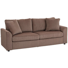 Upholstered jumbo cord sofa, coffee-brown two-seat frame with square armrests