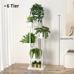 6-tier plant stand with creamy white frame, white shelves, and potted plants