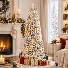 Slim pre-lit artificial Christmas tree with dense snow-flocked PVC branches and warm white LEDs.