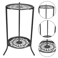 Black metal 2-tier plant rack frame with decorative round top and ornate base