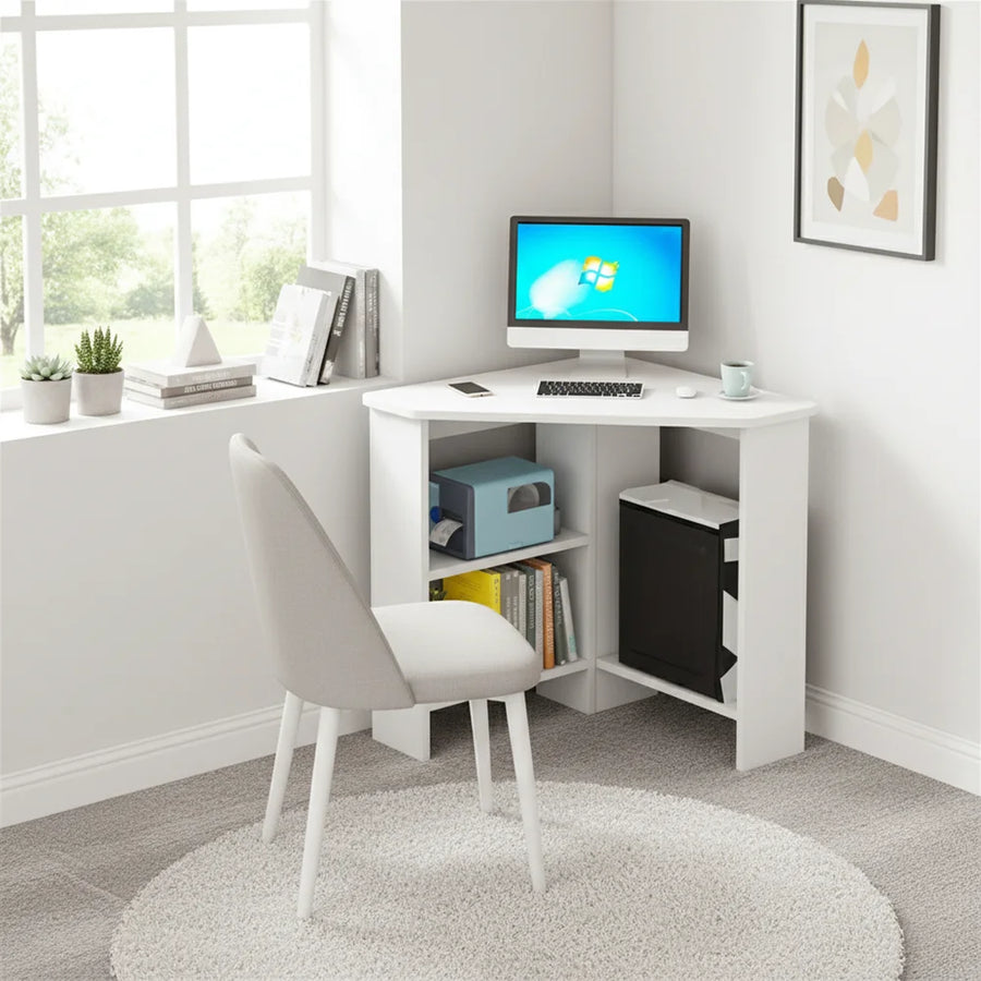 Ivory triangle corner desk with keyboard workstation and open storage shelves