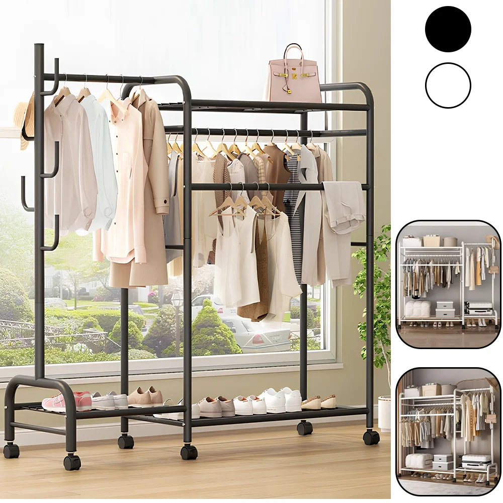 Movable black coat rack with multiple hanging rails and lower shoe shelf