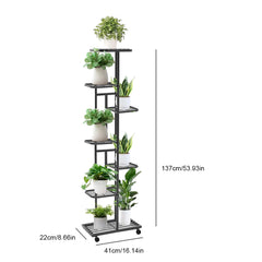 Black 6-tier plant shelf rack with five slatted shelves and casters, tall standing