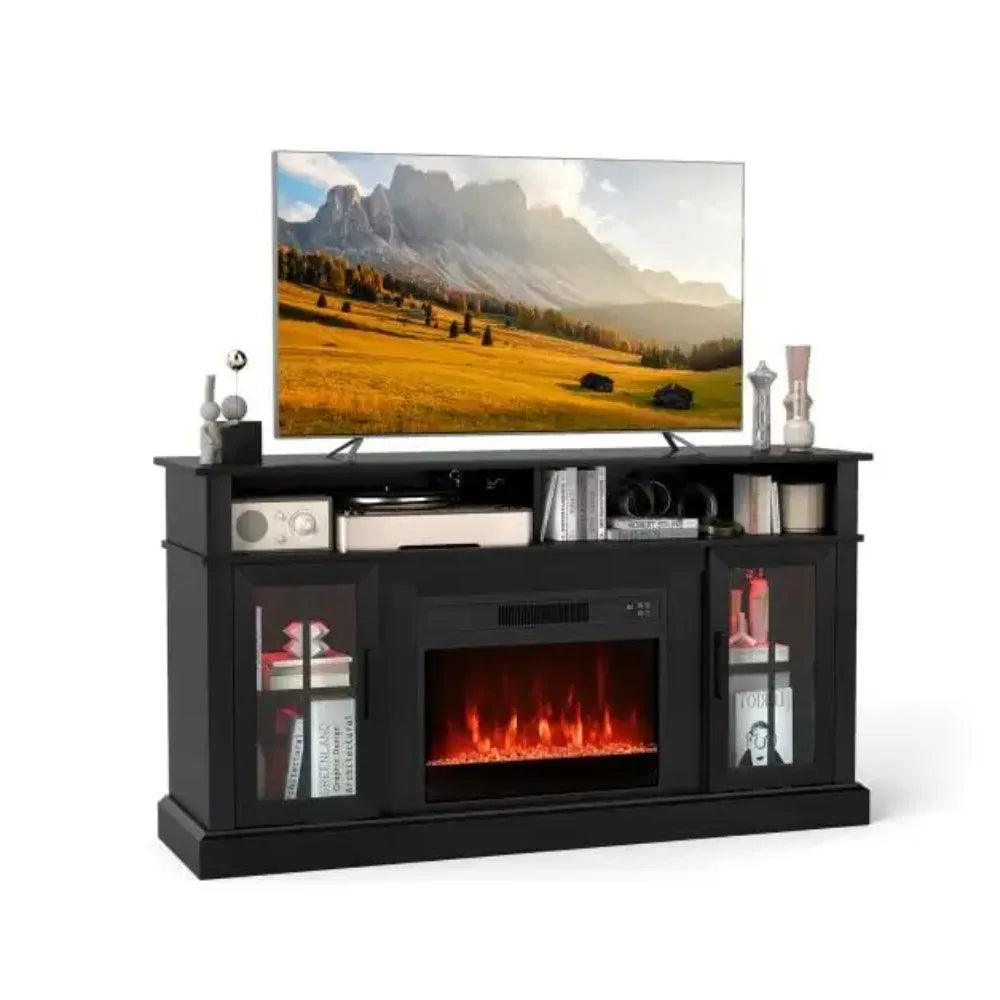 Black TV stand with electric fireplace insert, glass side doors, and open media shelves.