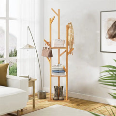 Natural wood corner coat rack stand with hanging hooks and two shelves, slim frame