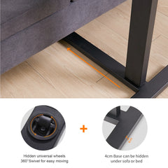 Underside view of adjustable base with hidden wheels under the table