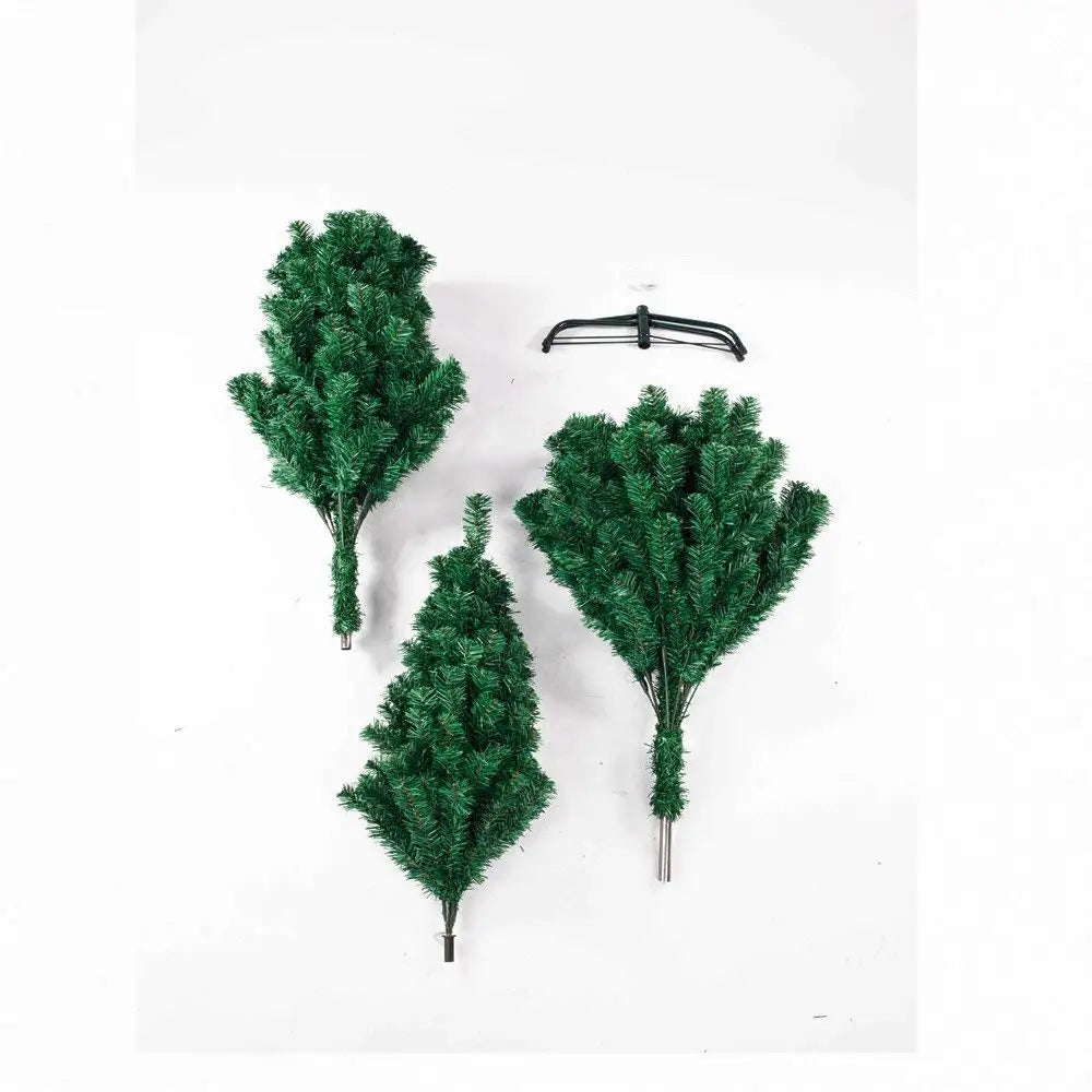 Green artificial Christmas tree pieces with metal support stands for assembly