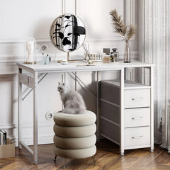 White desk with drawers on both sides and open center space beneath the tabletop