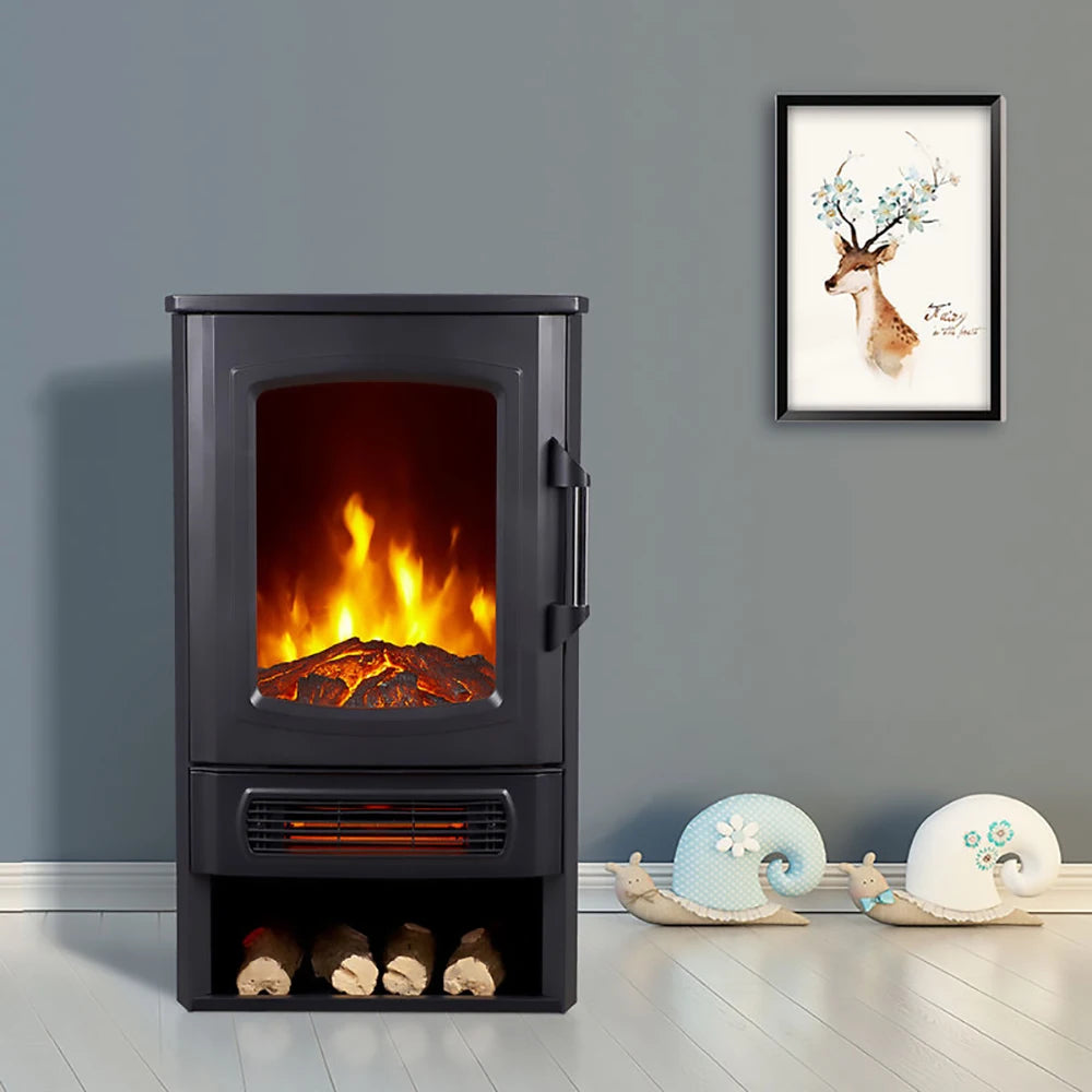Freestanding electric fireplace heater with LED flame effect, dark metal body