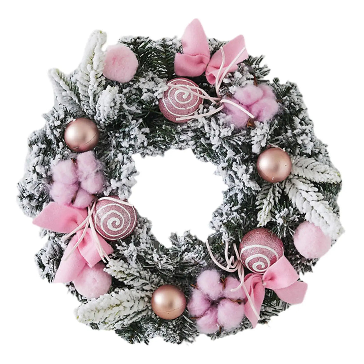 Frosted pine wreath with pink bows, fuzzy pom poms, and rose-gold ball ornaments.
