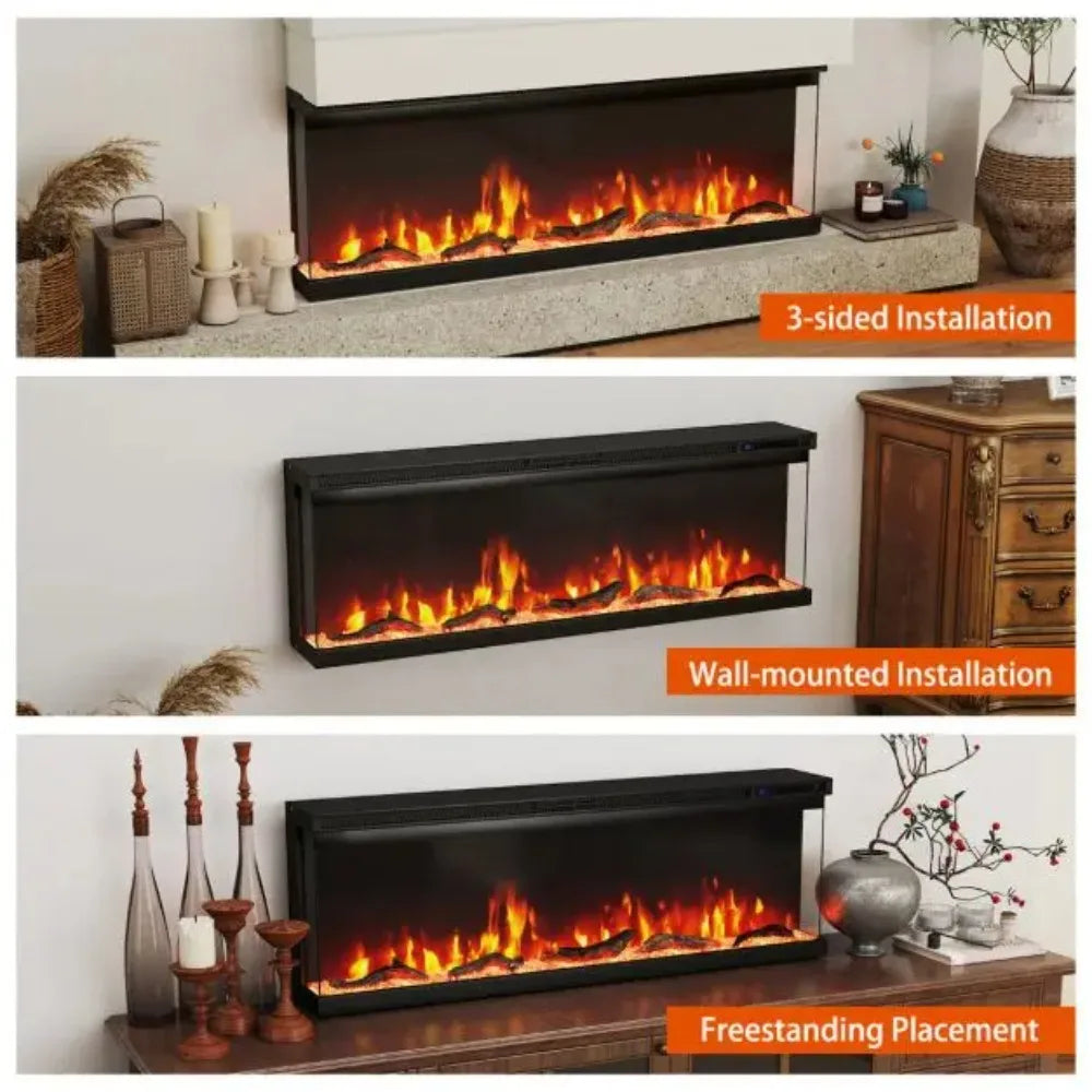 3-sided electric fireplace heater showing 3 installation styles: 3-sided, wall, freestanding