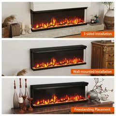 3-sided electric fireplace heater showing 3 installation styles: 3-sided, wall, freestanding