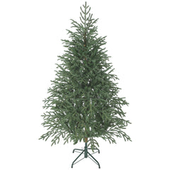 Artificial green spruce Christmas tree on metal stand with full dense branches, undecorated