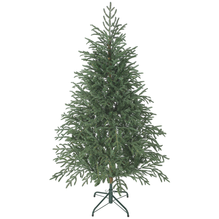 Artificial green spruce Christmas tree on metal stand with full dense branches, undecorated