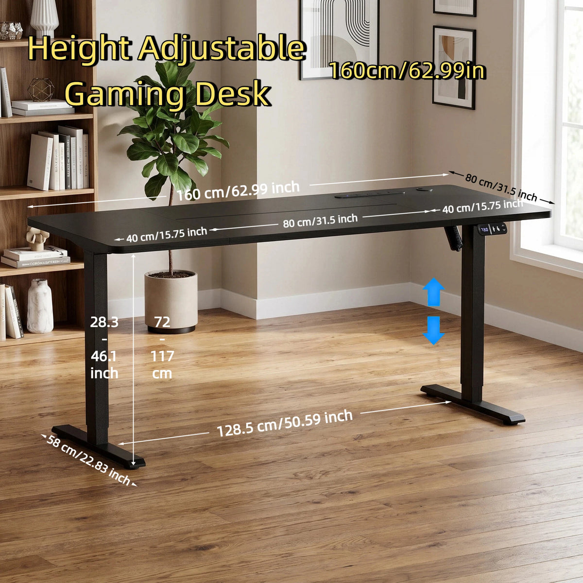 Height-adjustable gaming desk with dark tabletop and black lift legs