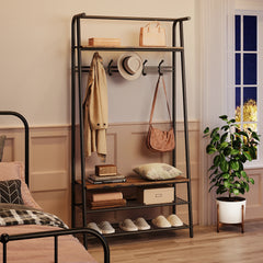 Entryway coat rack shoe bench with black steel frame, hanging bar, hat and coat hooks, shelves