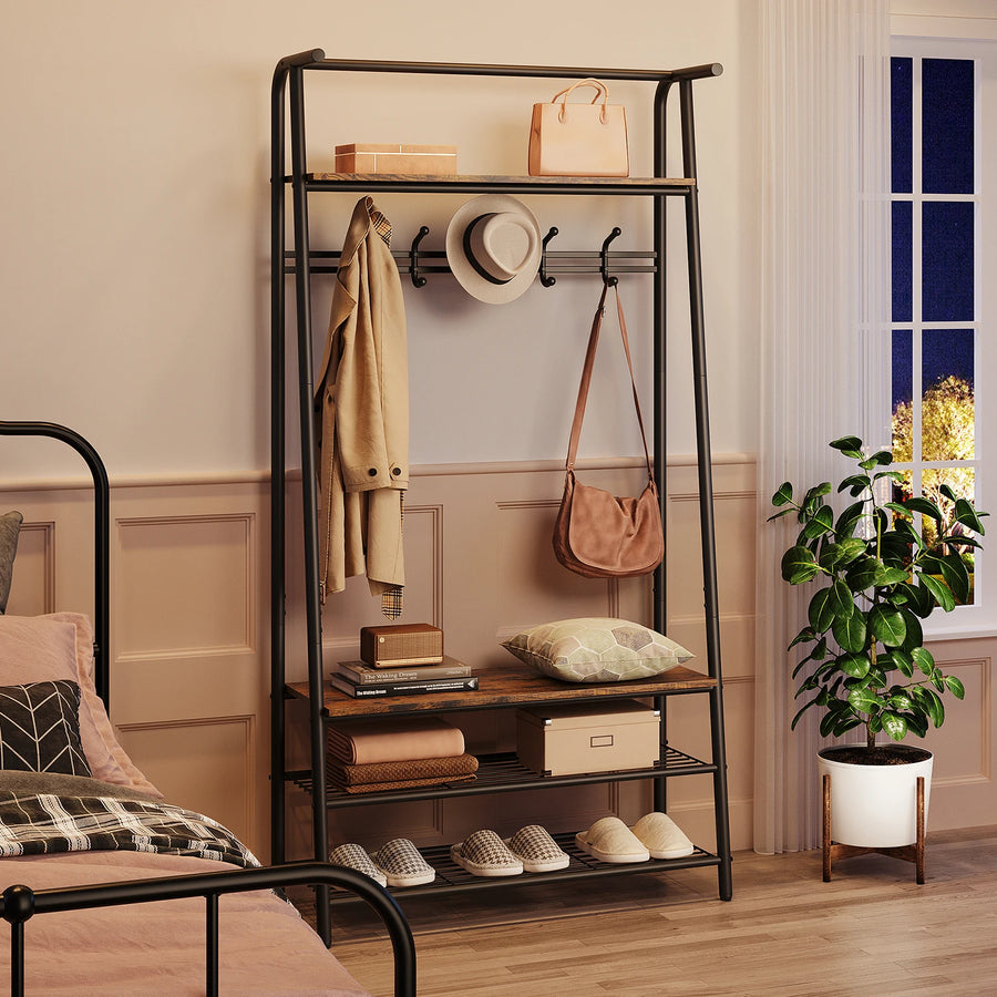 Entryway coat rack shoe bench with black steel frame, hanging bar, hat and coat hooks, shelves