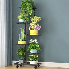 Black 6-tier plant shelf rack with slatted shelves and casters, potted plants display
