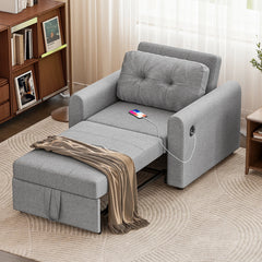 Dark grey single sofa bed chair with tufted back and pull-out seat for sleeping