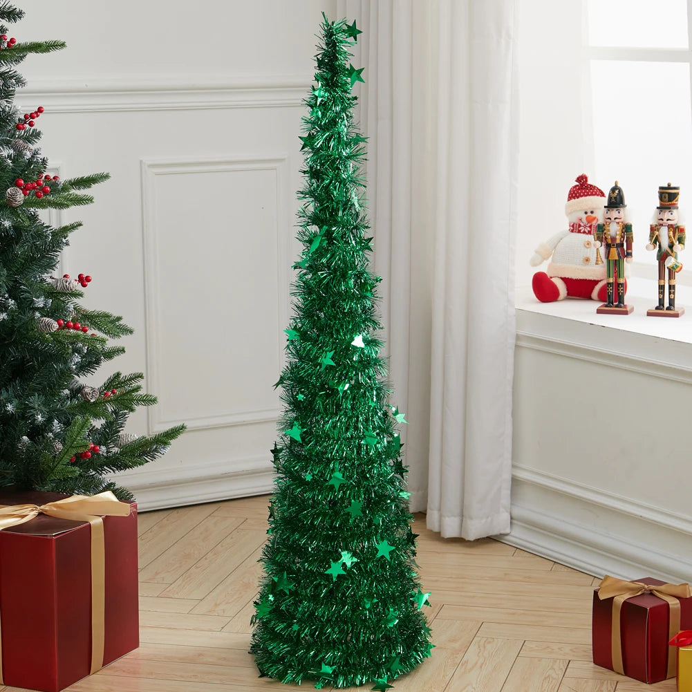 Green collapsible tinsel Christmas tree with star topper and base, standing view.