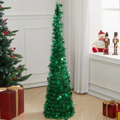 Green collapsible tinsel Christmas tree with star topper and base, standing view.