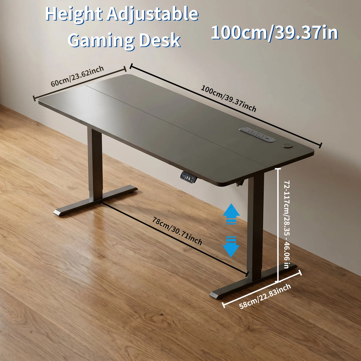 Height-adjustable gaming desk with dark tabletop and black metal frame