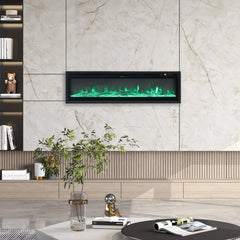 Recessed electric fireplace with green LED flame glow in a white marble wall surround