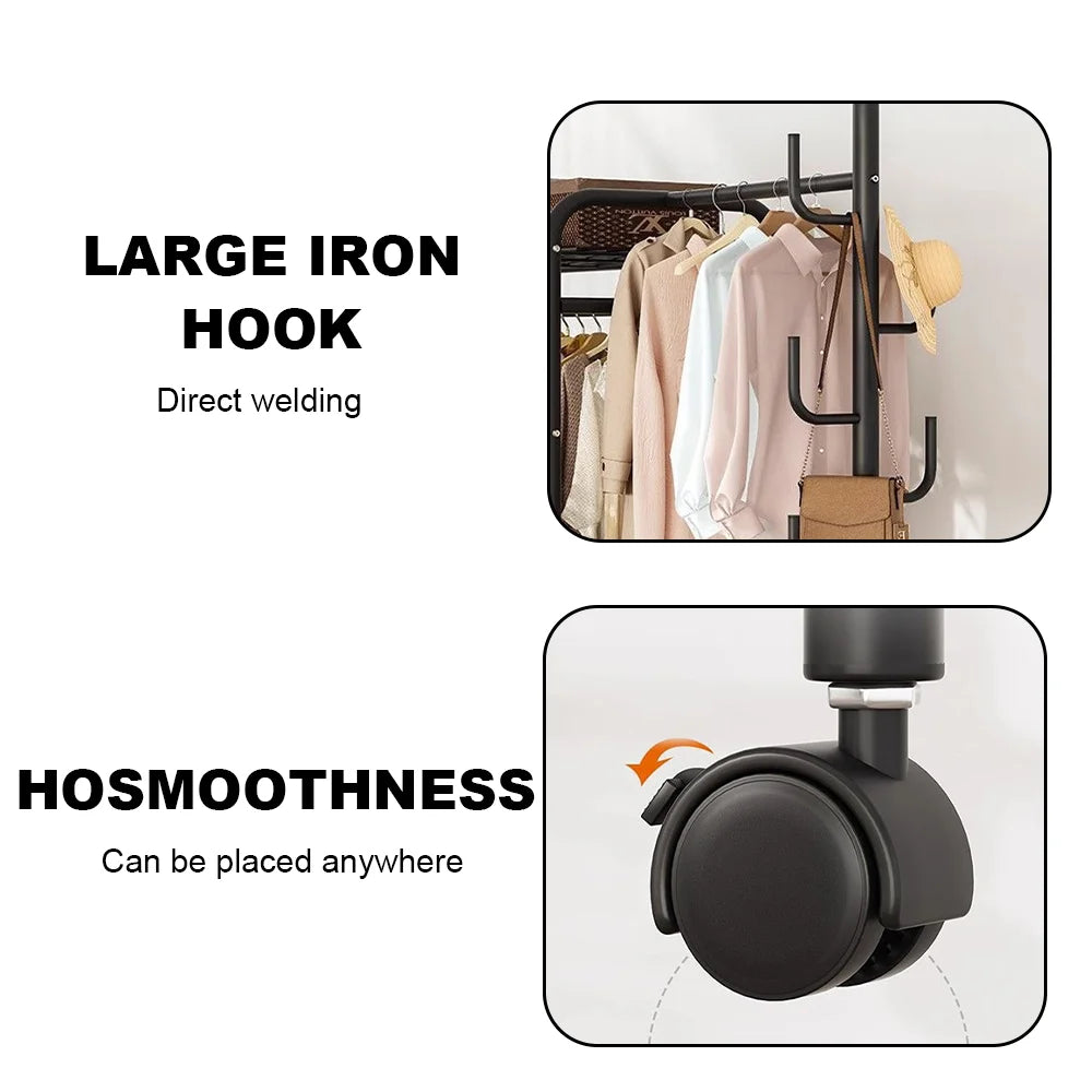 Clothing rail with large iron hooks and swivel caster wheels detail