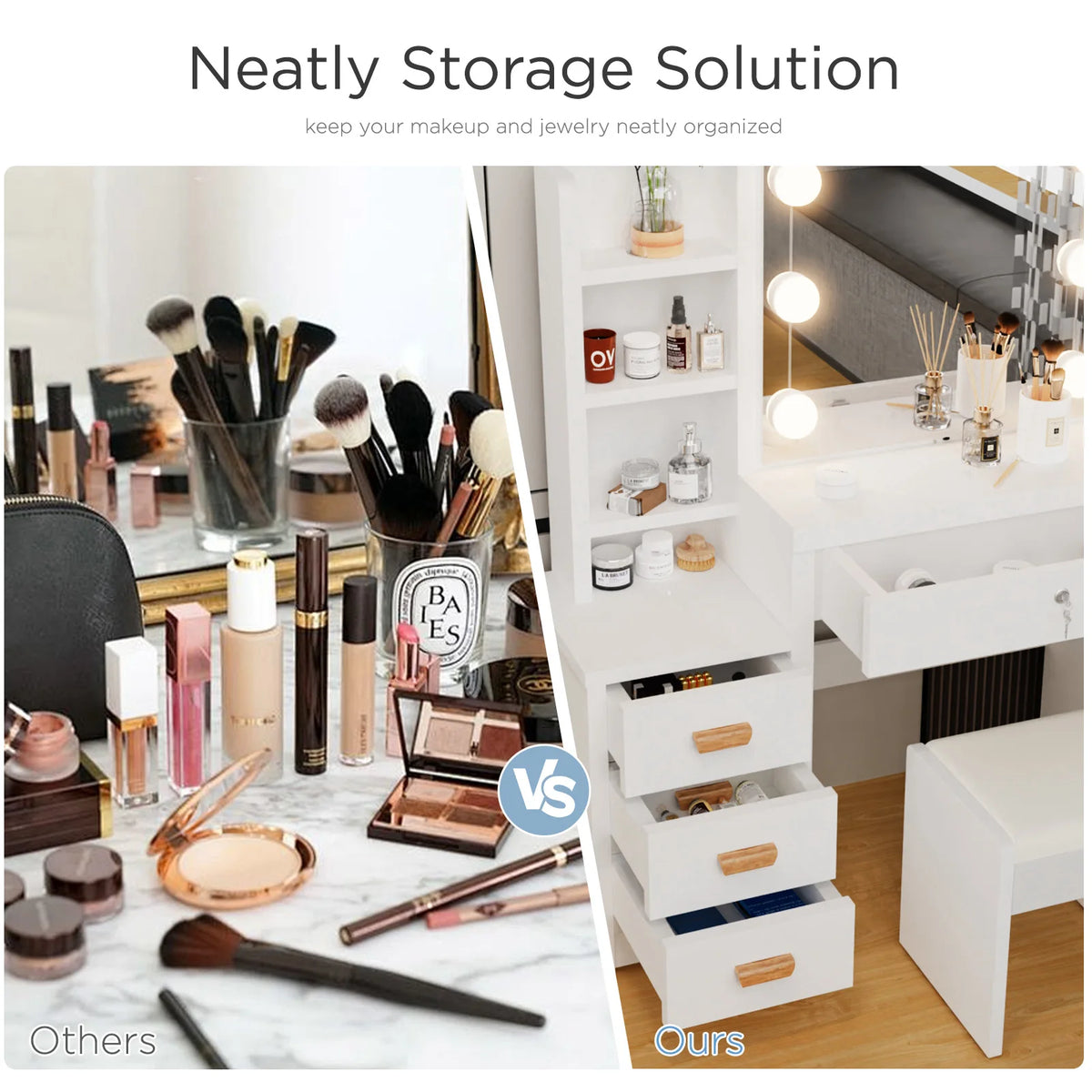 White vanity desk with illuminated mirror and storage drawers for cosmetics and accessories