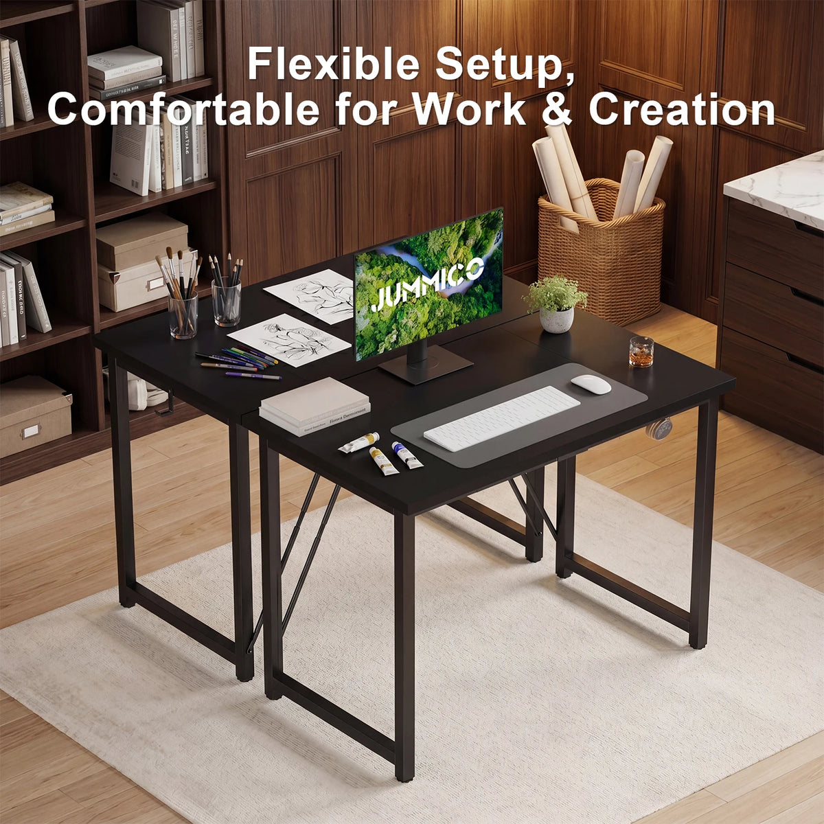 Black computer desk with spacious tabletop and sturdy metal side frame