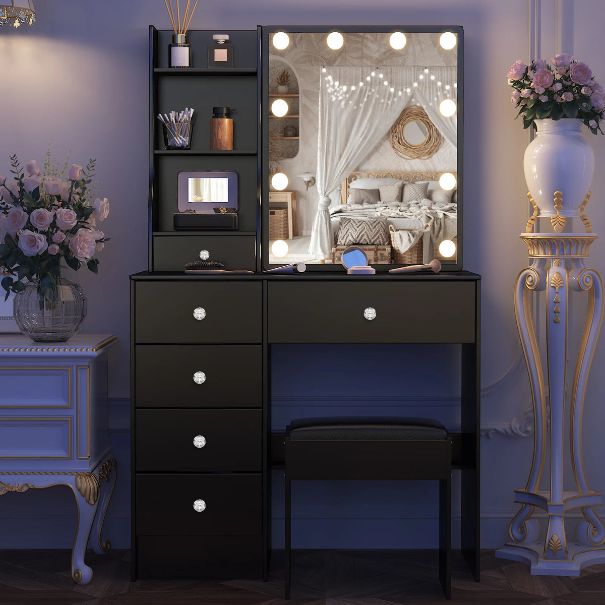 Black vanity set with LED mirror, 6 drawers, and dark upholstered stool.