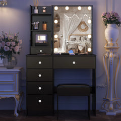 Black vanity set with LED mirror, 6 drawers, and dark upholstered stool.