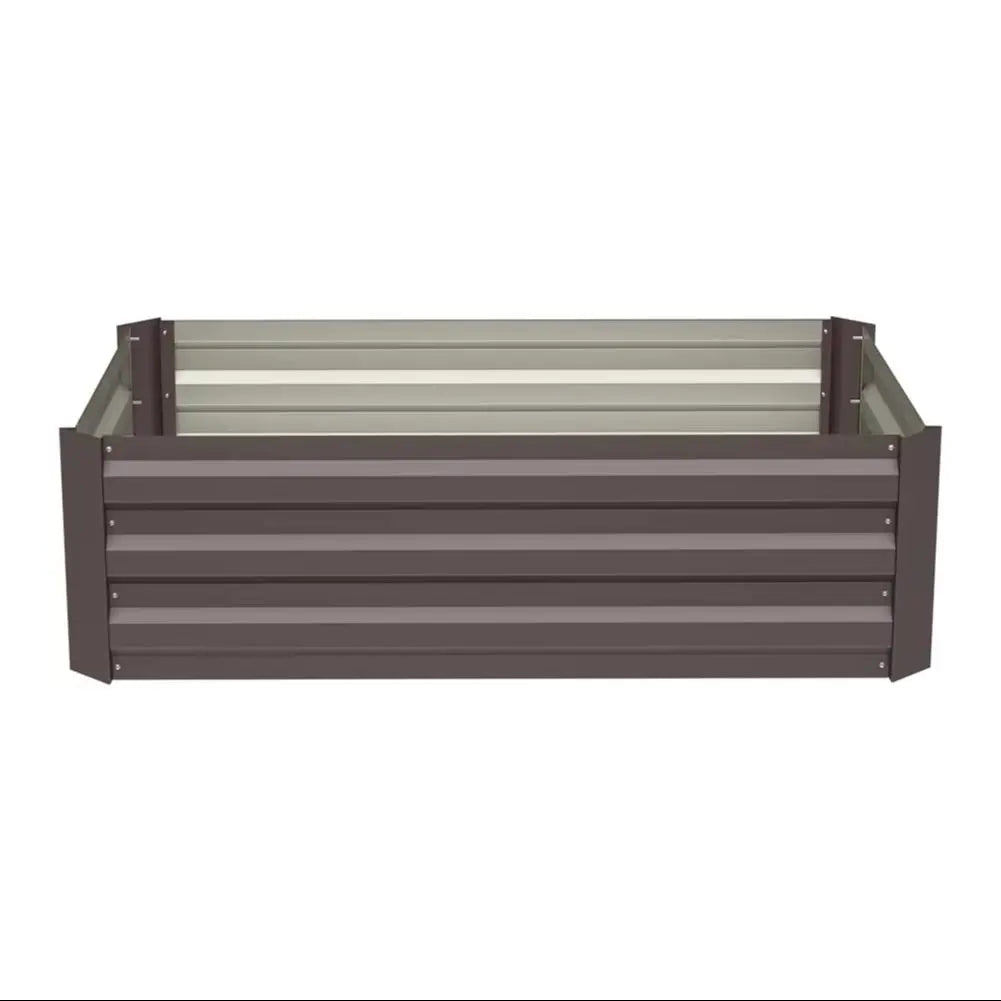 Freestanding raised bed planter with dark gray slatted panels, open top view.