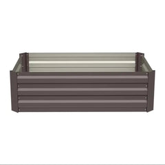 Freestanding raised bed planter with dark gray slatted panels, open top view.