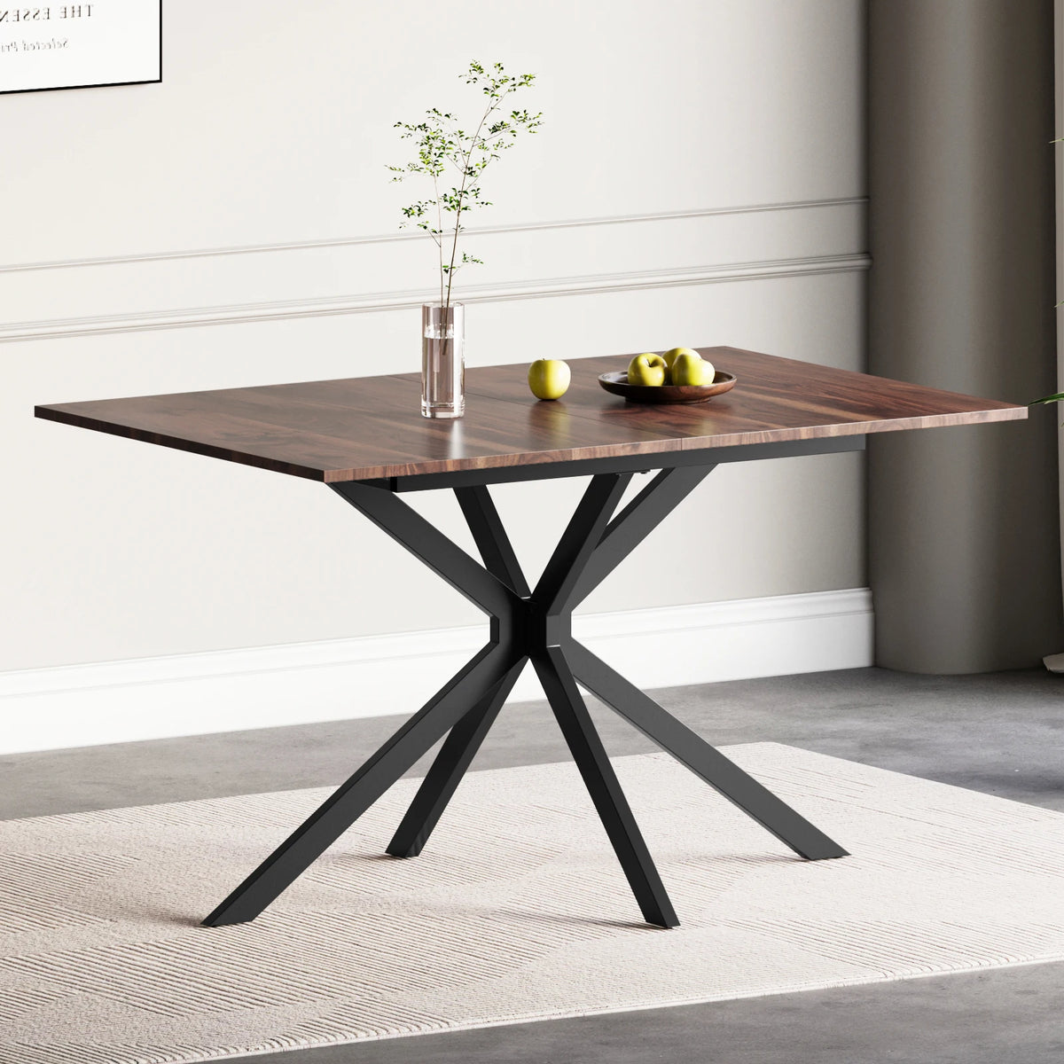 Rectangular extendable dining table with dark wood-look top and black cross legs.