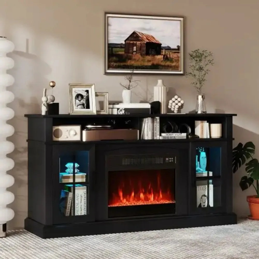 Black TV media console with electric fireplace center and LED-lit glass shelves on both sides.