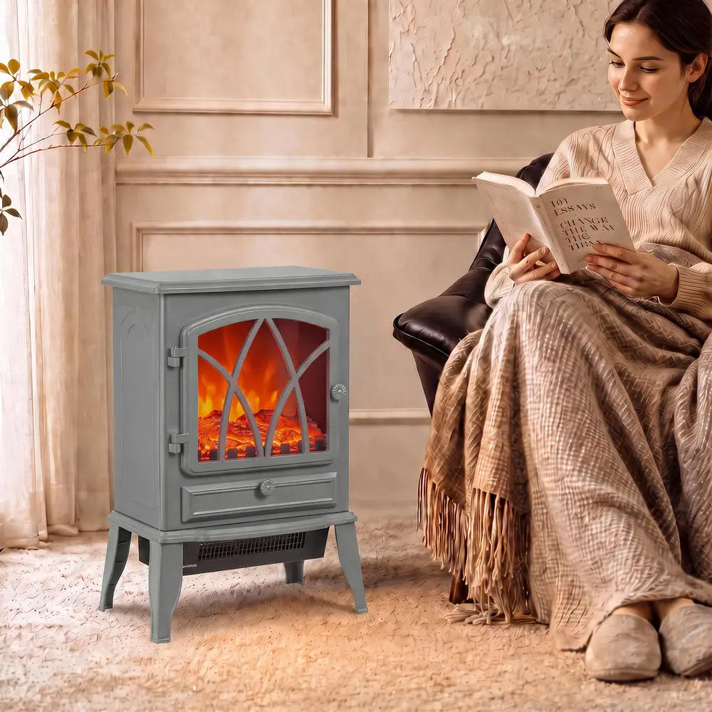Grey electric fireplace heater on legs with arched window and orange flame effect