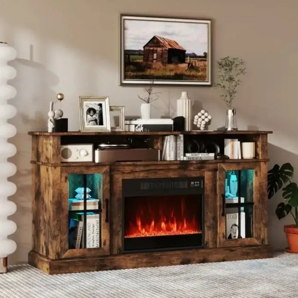 Brown rustic fireplace TV stand with mantel shelf, open sides, and orange flame insert.
