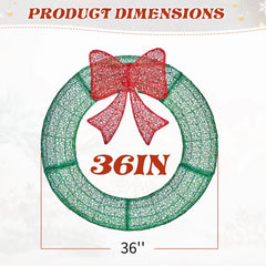 Green lighted metal wreath with glitter red bow, shown with 36in size