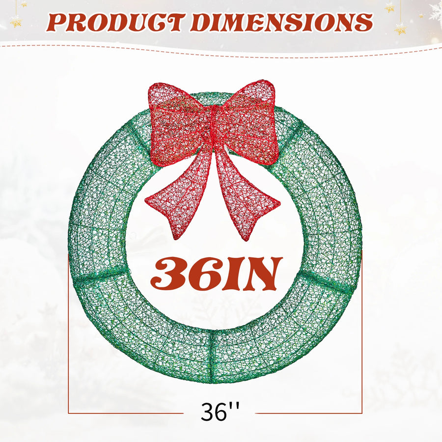 Green lighted metal wreath with glitter red bow, shown with 36in size