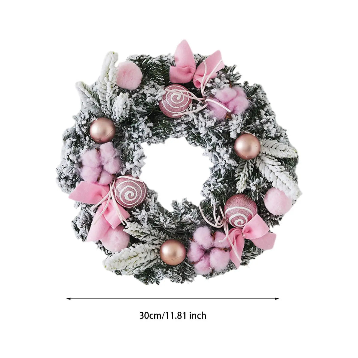 Frosted wreath, 30cm diameter, with pink bows, pom poms, and rose-gold baubles.