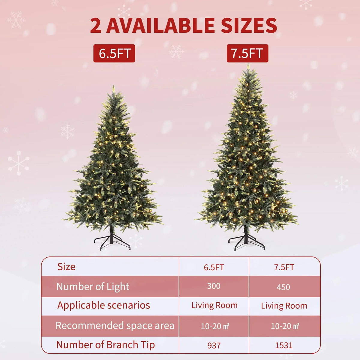 Two pre-lit pencil Christmas trees (6.5 ft and 7.5 ft) with warm white lights