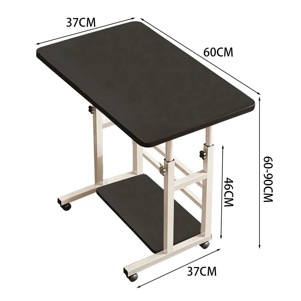 Dark lift-top bedside desk table with lower storage shelf and wheels
