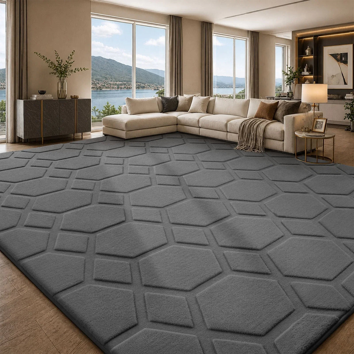 Dark gray geometric area rug with embossed hexagon pattern, low-pile textured design