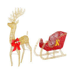 Lit golden reindeer and red sleigh decoration with red bow and glowing wire frame