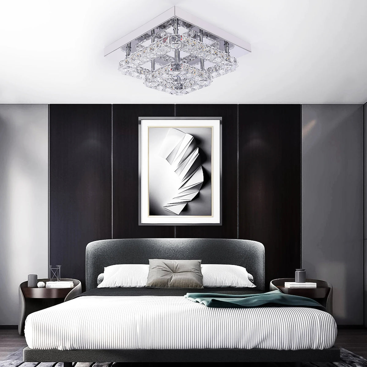 Clear crystal and chrome ceiling chandelier light centered on room ceiling