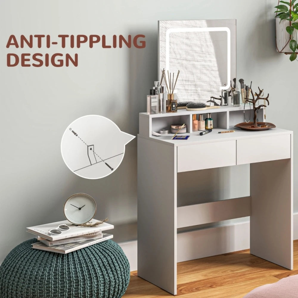 White makeup vanity desk with illuminated mirror and open shelving with drawers