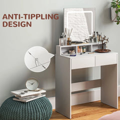 White makeup vanity desk with illuminated mirror and open shelving with drawers