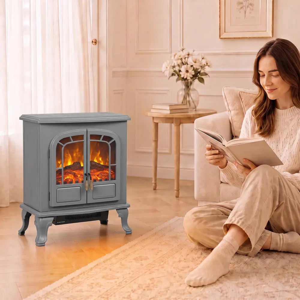 Grey freestanding electric fireplace stove heater with arched glass doors and glowing LED flames