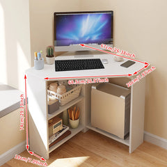 Ivory triangular corner desk with dimensions shown and open storage shelves